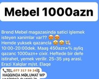 Mebel mağazasına satıcı tələb olunur