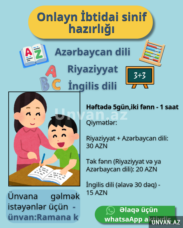 Onlayn ibtidai sinif hazırlığı (Azərbaycan d. və Riyaziyyat) Onlayn ibtidai sinif hazırlığı (Azərbaycan d. və Riyaziyyat)