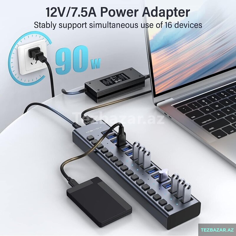 16 Port Usb 3.0 Hub Adapter – 5Gbps Super Sürətli, 90w Adapt 16 Port Usb 3.0 Hub Adapter – 5Gbps Super Sürətli, 90w Adapt